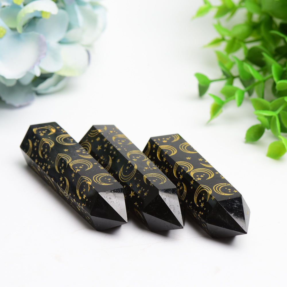 3.0"-3.5" Black Obsidian Crystal Point with Golden Moon Star Printing Bulk Wholesale  Wholesale Crystals