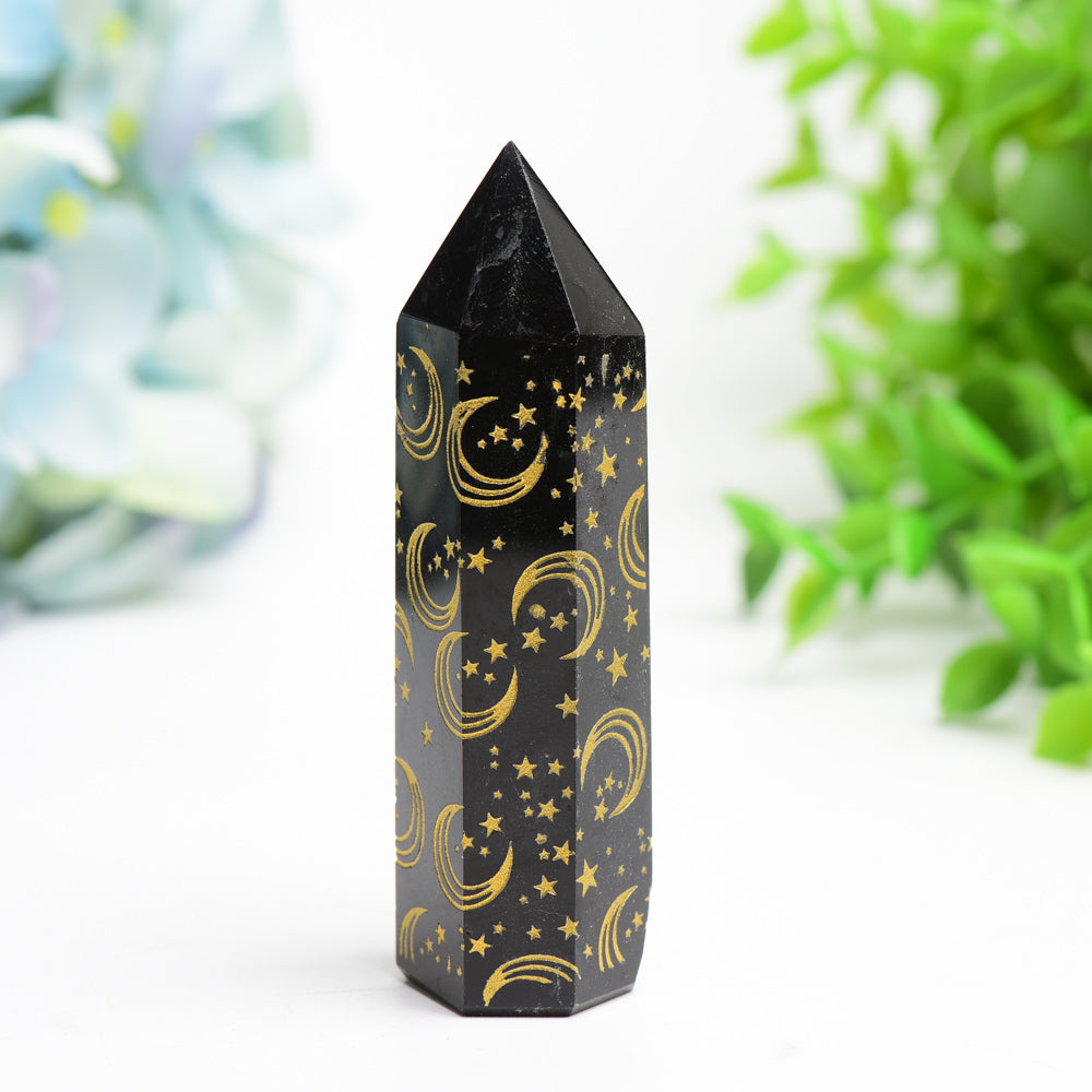 3.0"-3.5" Black Obsidian Crystal Point with Golden Moon Star Printing Bulk Wholesale  Wholesale Crystals