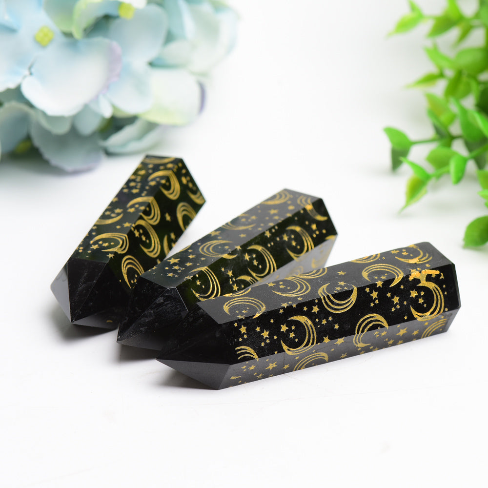 3.0"-3.5" Black Obsidian Crystal Point with Golden Moon Star Printing Bulk Wholesale  Wholesale Crystals