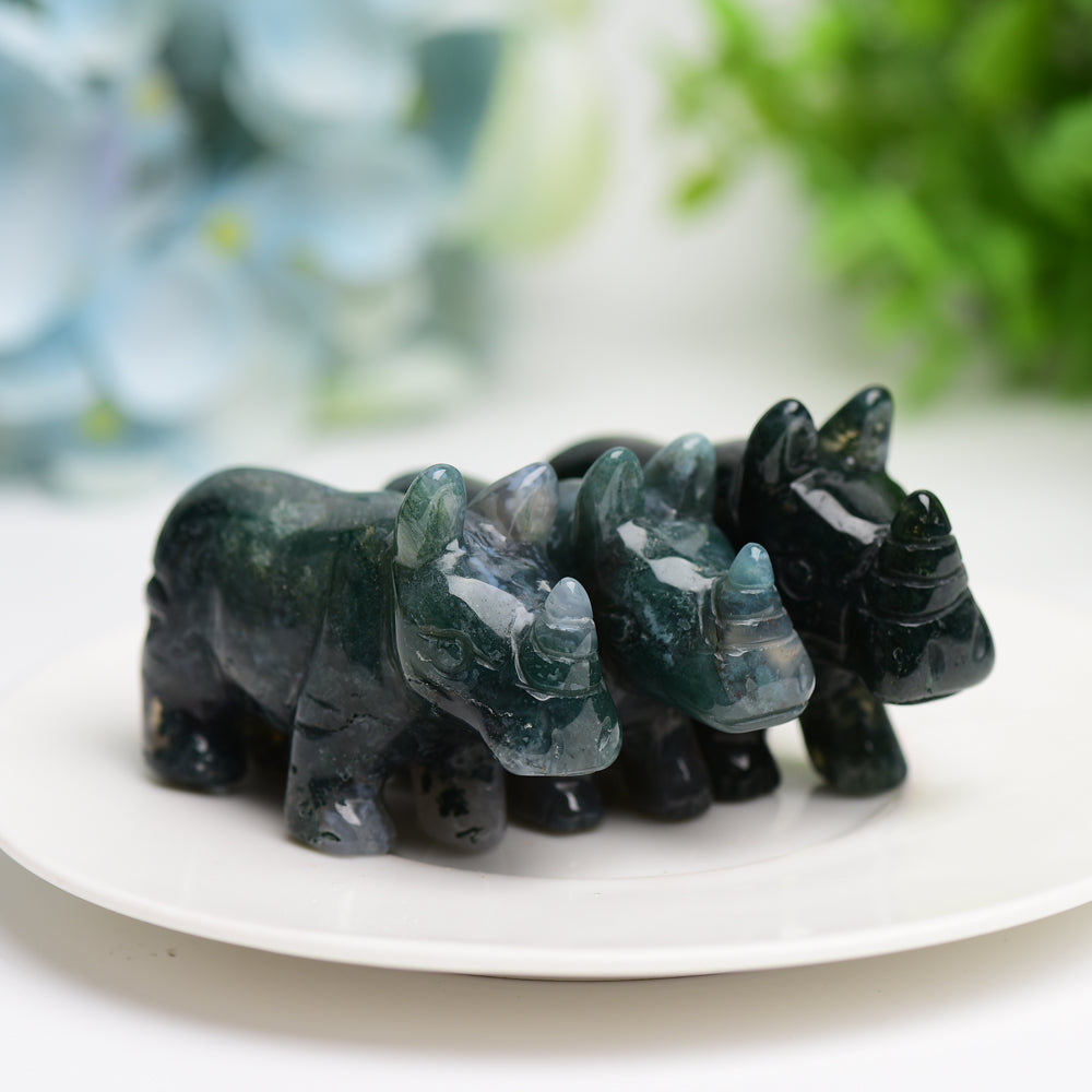 2.2" Moss Agate Rhinoceros Animal Crystal Carving  Wholesale Crystals