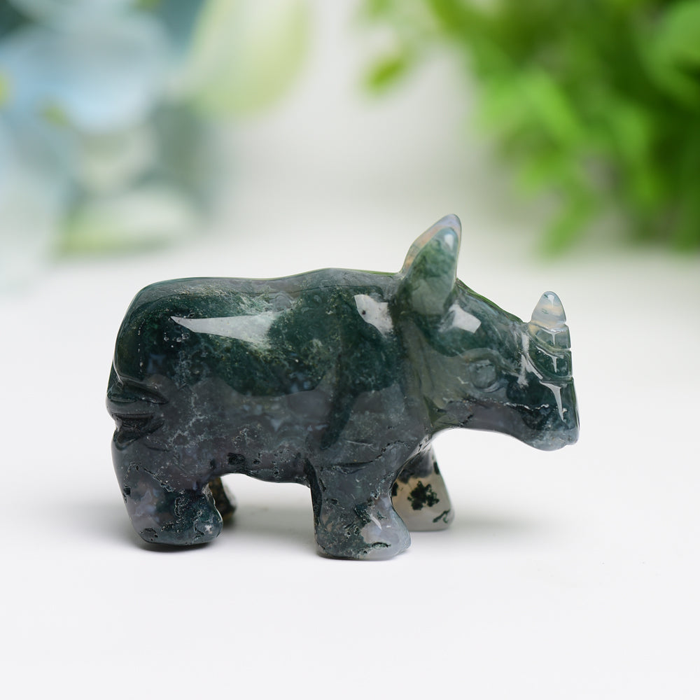 2.2" Moss Agate Rhinoceros Animal Crystal Carving  Wholesale Crystals