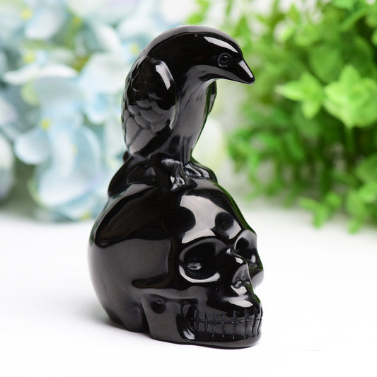 4.5" Black Obsidian Skull with Raven Decor for Halloween  Wholesale Crystals