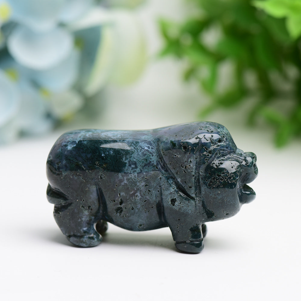 2.1" Moss Agate Pig Animal Crystal Carving  Wholesale Crystals