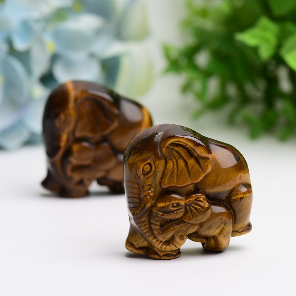 1.8" Tiger's Eye Mother & Baby Elephant Animal Crystal Carving  Wholesale Crystals