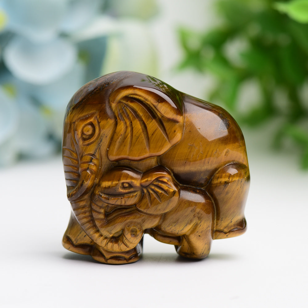 1.8" Tiger's Eye Mother & Baby Elephant Animal Crystal Carving  Wholesale Crystals