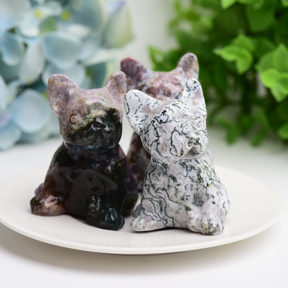 2.4" Moss Agate Bulldog Animal Crystal Carving  Wholesale Crystals