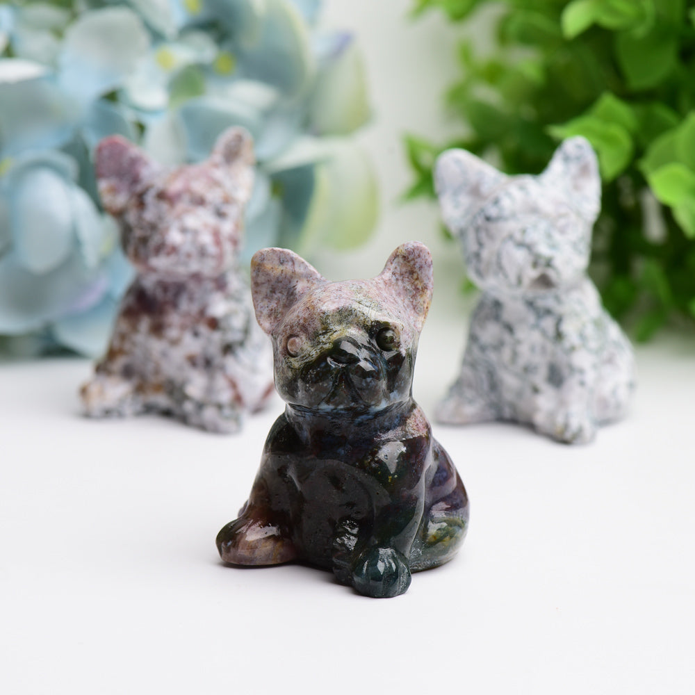 2.4" Moss Agate Bulldog Animal Crystal Carving  Wholesale Crystals