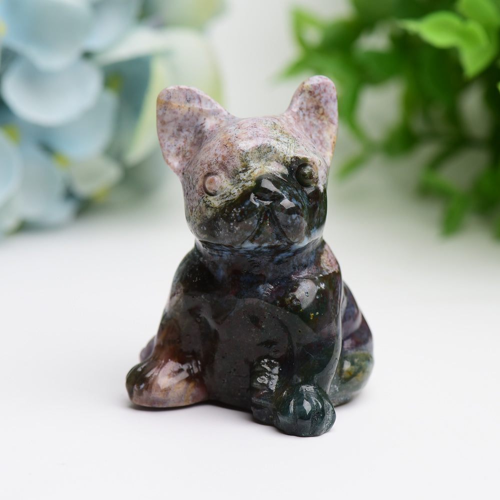 2.4" Moss Agate Bulldog Animal Crystal Carving  Wholesale Crystals