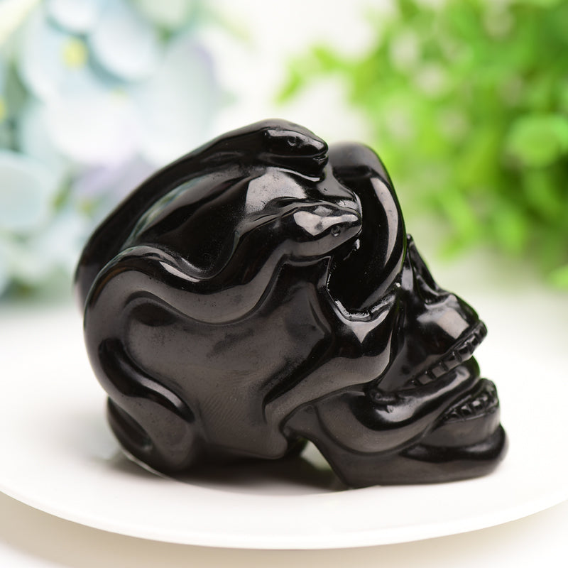 2.9" Black Obsidian Crystal Skull with Snake Decor for Halloween Bulk Wholesale  Wholesale Crystals