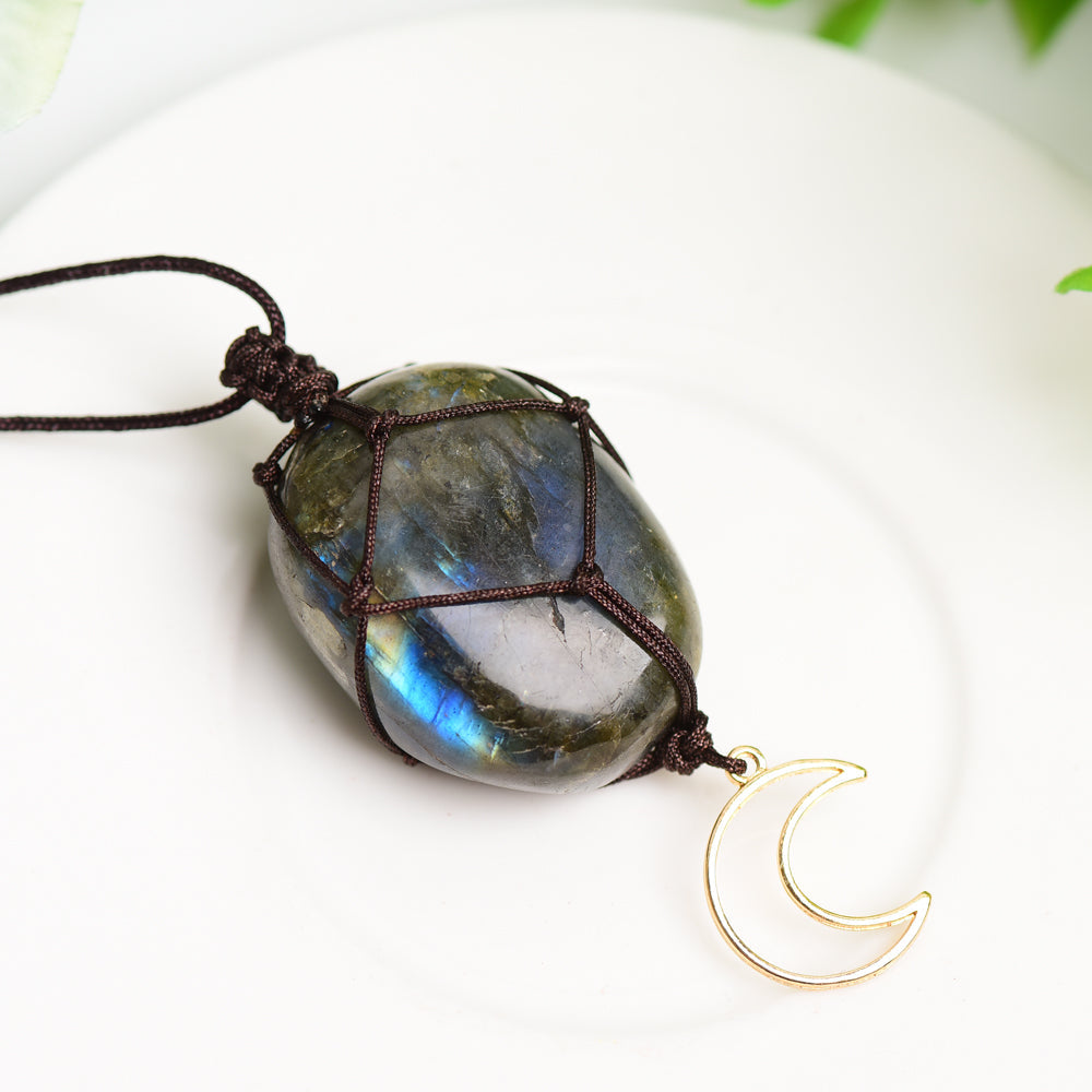 Rope Warrped Labradorite Stone Necklace with metal Moon Decor Bulk Wholesale  Wholesale Crystals