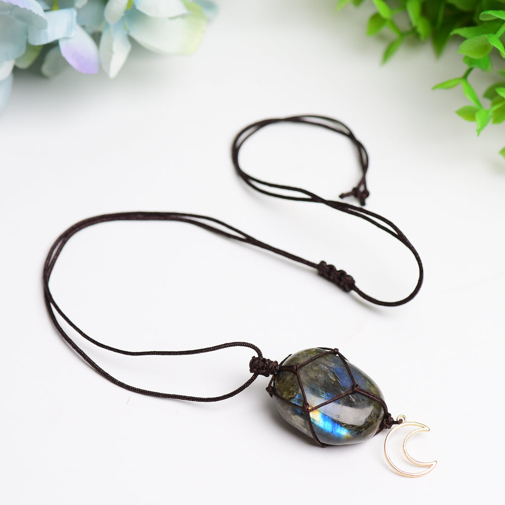 Rope Warrped Labradorite Stone Necklace with metal Moon Decor Bulk Wholesale  Wholesale Crystals