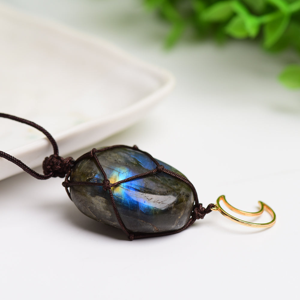 Rope Warrped Labradorite Stone Necklace with metal Moon Decor Bulk Wholesale  Wholesale Crystals