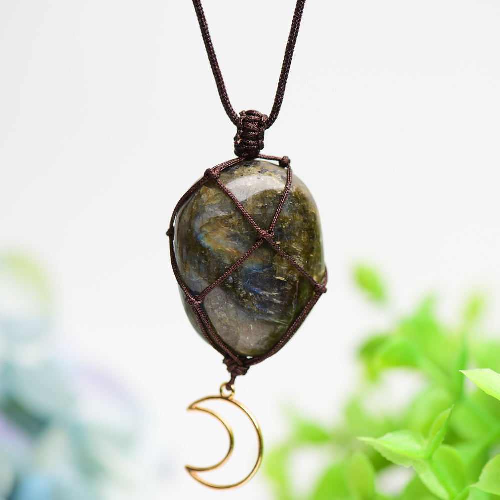 Rope Warrped Labradorite Stone Necklace with metal Moon Decor Bulk Wholesale  Wholesale Crystals