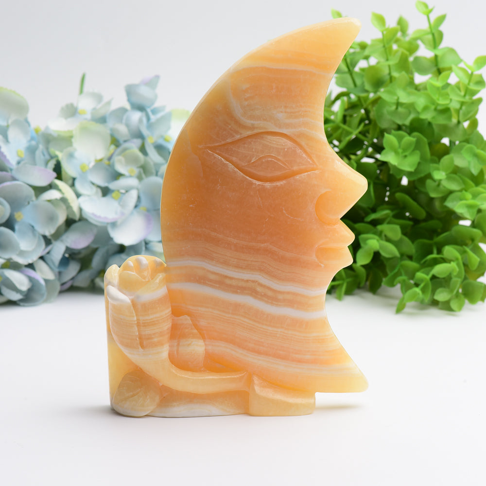 8.0" Huge Orange Calcite Moon Face and Rose Crystal Carving Free Form Bulk Wholesale  Wholesale Crystals