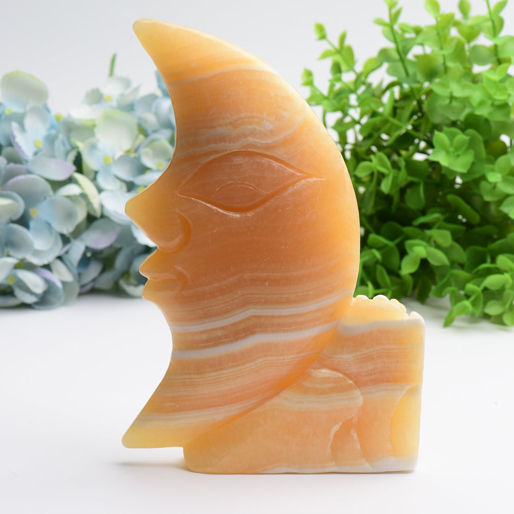 8.0" Huge Orange Calcite Moon Face and Rose Crystal Carving Free Form Bulk Wholesale  Wholesale Crystals