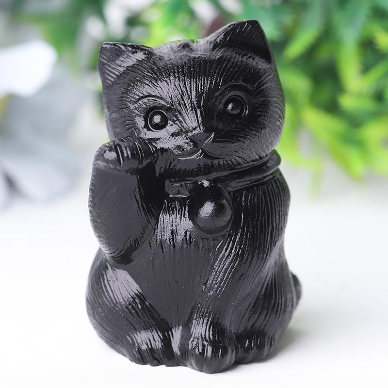 2" Black Obsidian Cute Cat Crystal Carvings for Halloween Wholesale Crystals