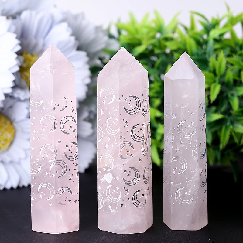 3.6" Rose Quartz with Moon Printing Crystal Point Wholesale Crystals