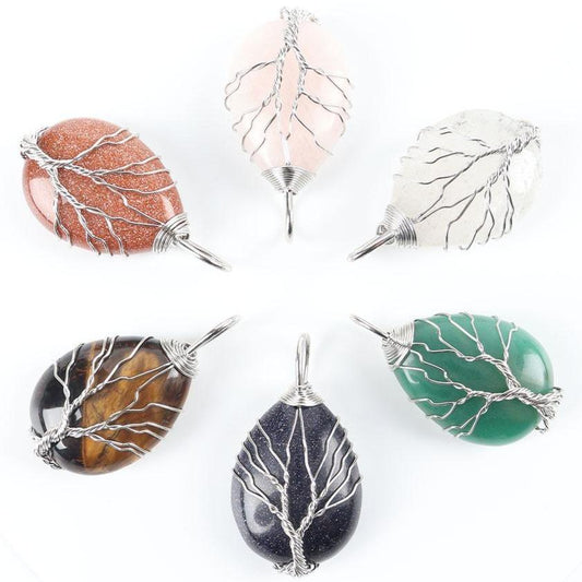 Teardrop Shape Crystal Stone Wire Wrapped Copper Tree of Life Chakra Pendant Wholesale Crystals