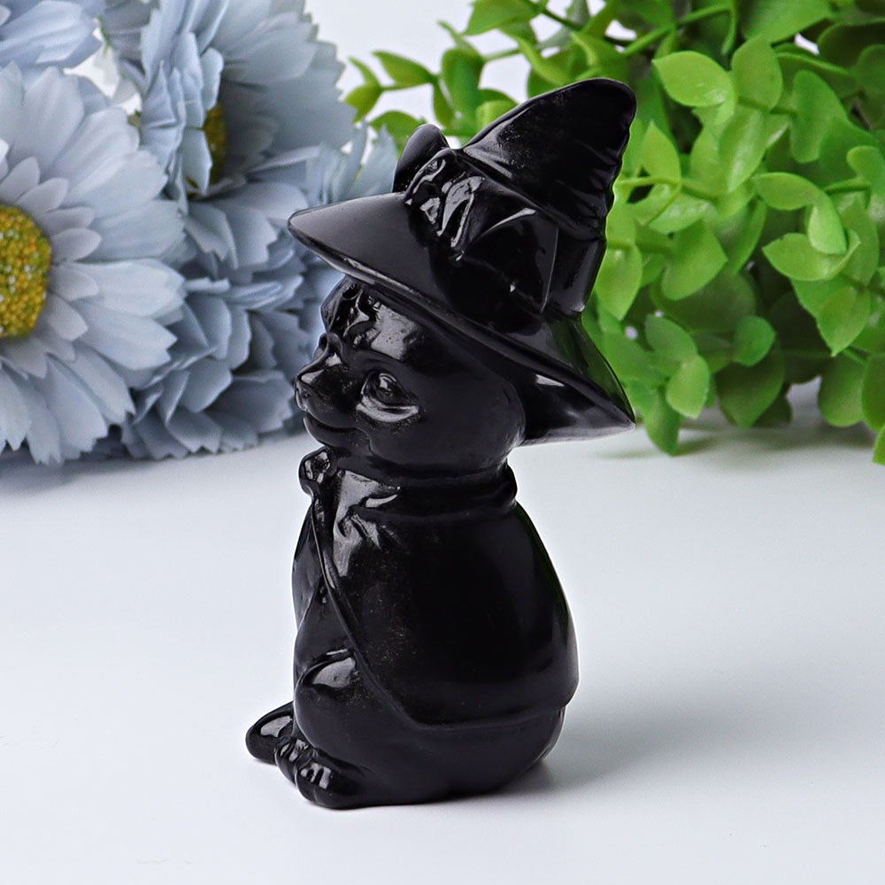 3.5" Black Obsidian Cat with Witch's Hat Crystal Carvings Wholesale Crystals