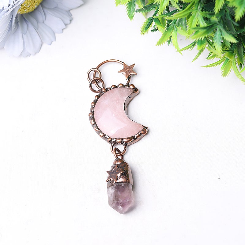 3.7" Rose Moon Amethyst Pendant Key Chain DIY Wholesale Crystals