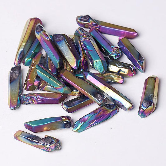 Drilled Titanium Aura Quartz Crystal Points Raw Rough Clear Rock Quartz Sticks Wholesale Crystals