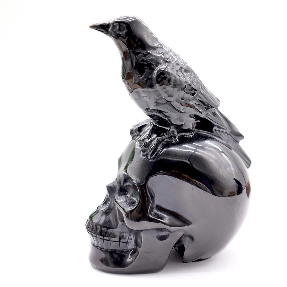 Black Obsidian Skull with Crow - Skull Carving, Obsidian Skull Wholesale Crystals