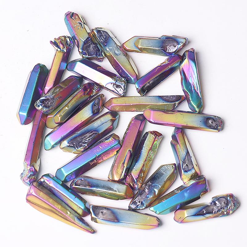 Drilled Titanium Aura Quartz Crystal Points Raw Rough Clear Rock Quartz Sticks Wholesale Crystals