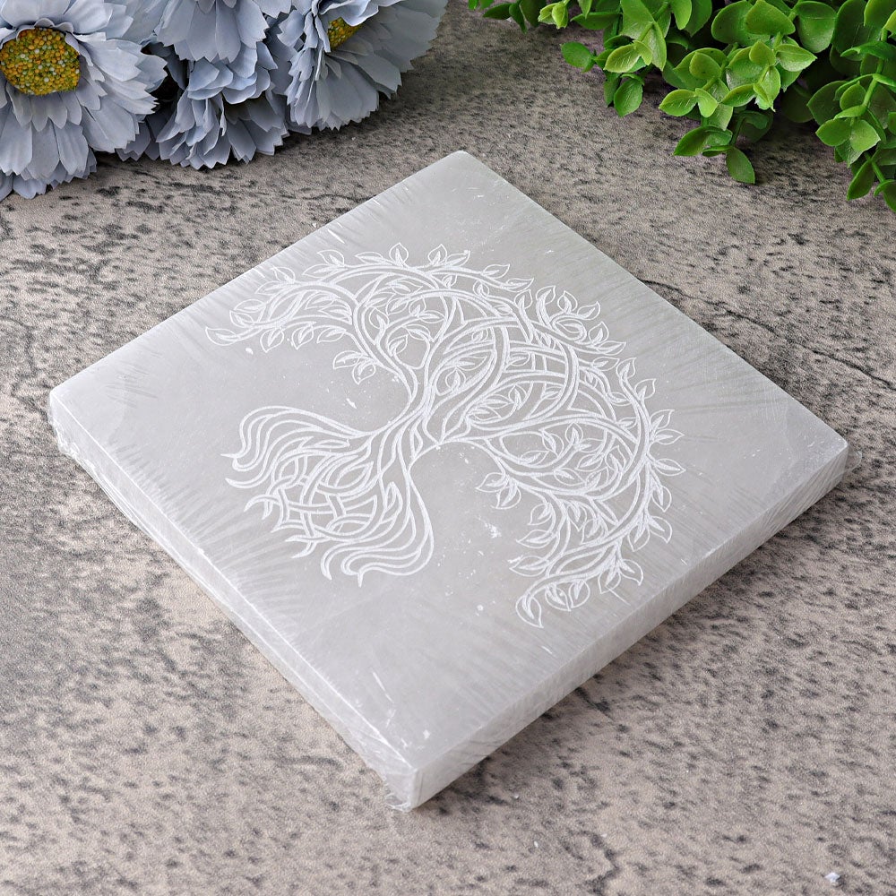 6" Square Selenite Coaster with Life Tree Printing Wholesale Crystals