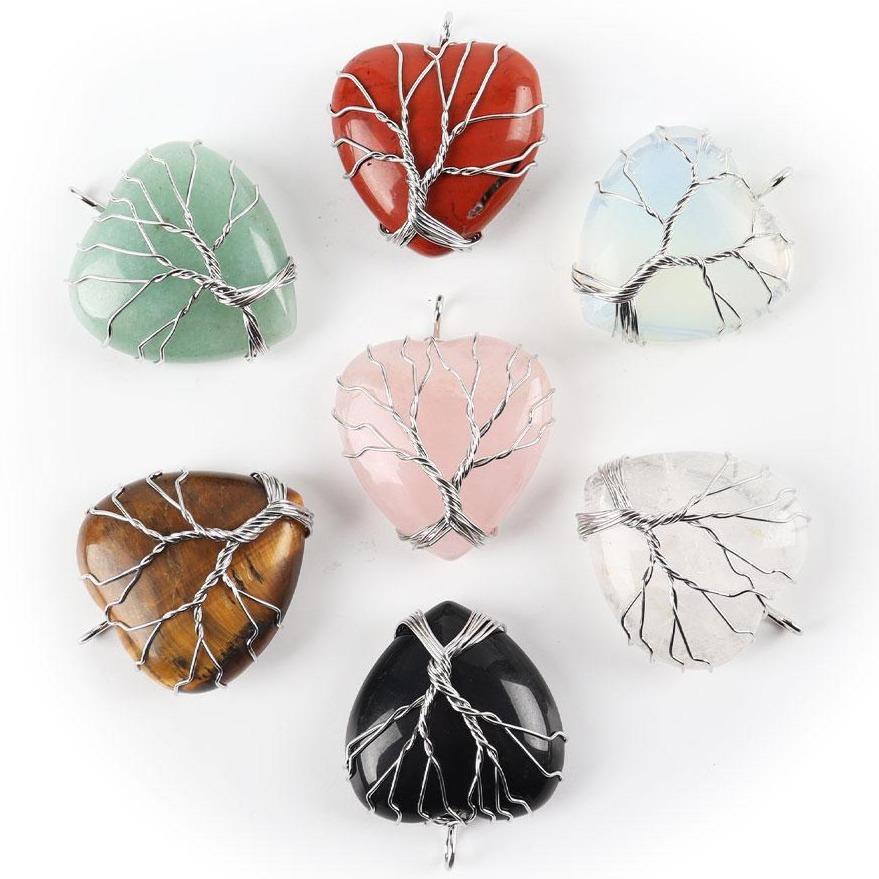 Silver Tree Of Life Wire Wrapped Heart Shape Stone Pendant Wholesale Crystals