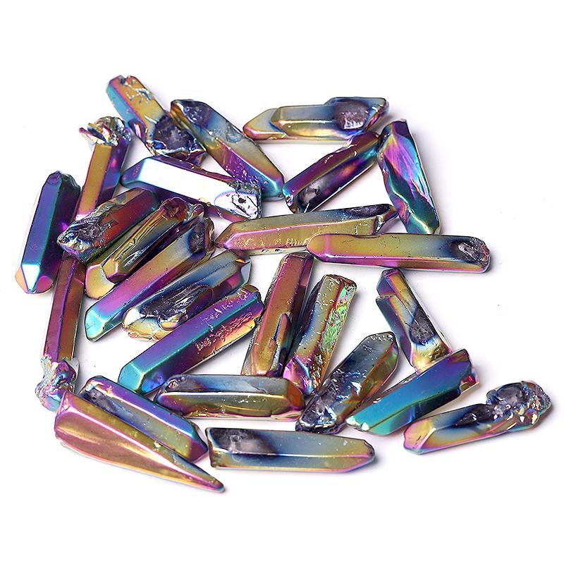 Drilled Titanium Aura Quartz Crystal Points Raw Rough Clear Rock Quartz Sticks Wholesale Crystals