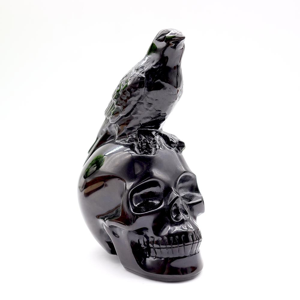 Black Obsidian Skull with Crow - Skull Carving, Obsidian Skull Wholesale Crystals