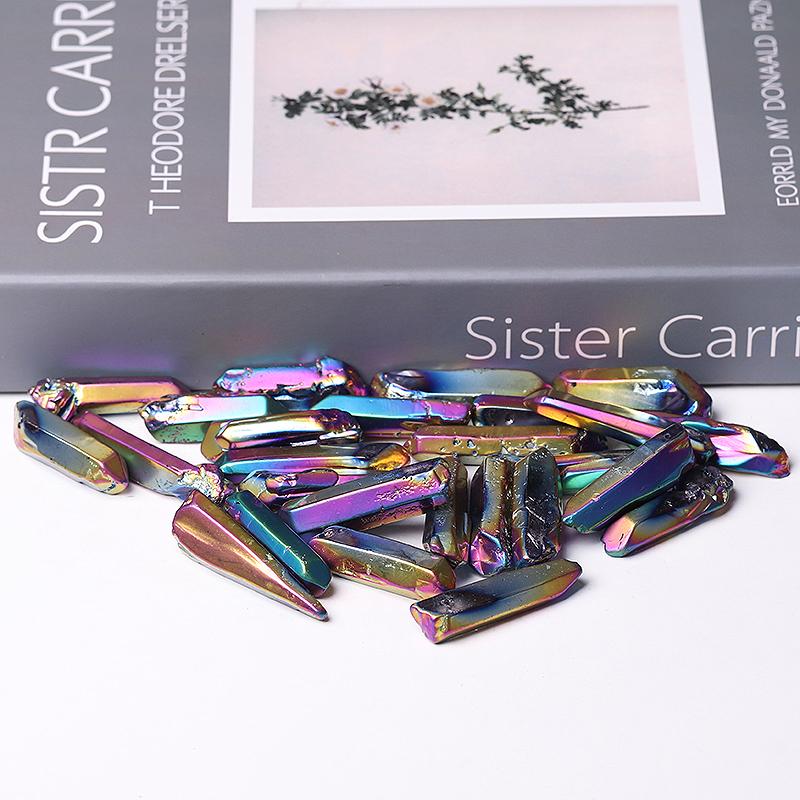 Drilled Titanium Aura Quartz Crystal Points Raw Rough Clear Rock Quartz Sticks Wholesale Crystals