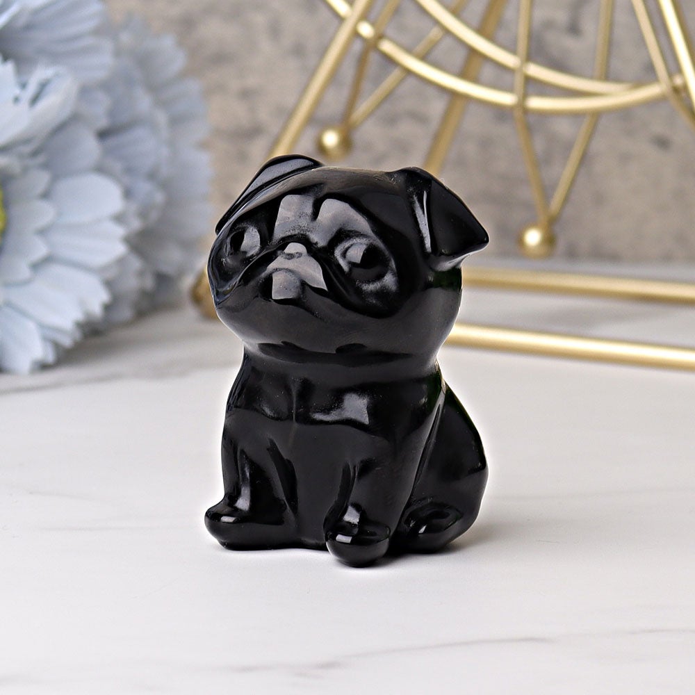 2.3" Black Obsidian Pug Dog Crystal Carvings Wholesale Crystals