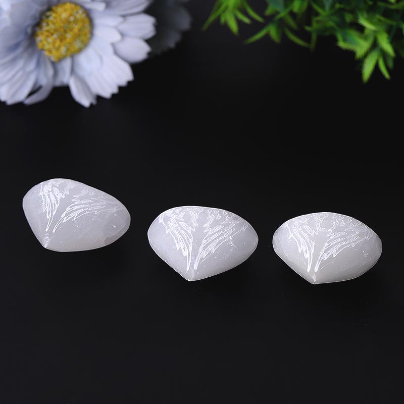 1.5" Selenite Heart Palm Stone with Laser Engraving Pattern Wholesale Crystals