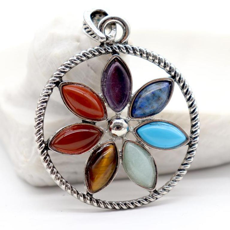 Stainless Steel Vintage Gothic Buddhist Tibetan Lotus 7 Chakra Gemstone Pendant Wholesale Crystals